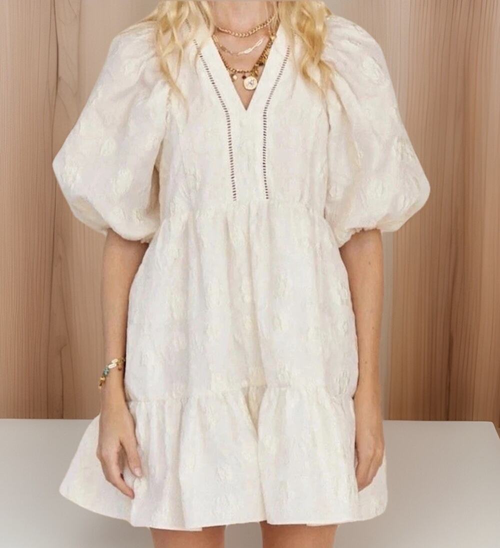 HUNTER BELL Gaille Puff Sleeve Mini Dress in Ivory Floral Jacquard M NWT